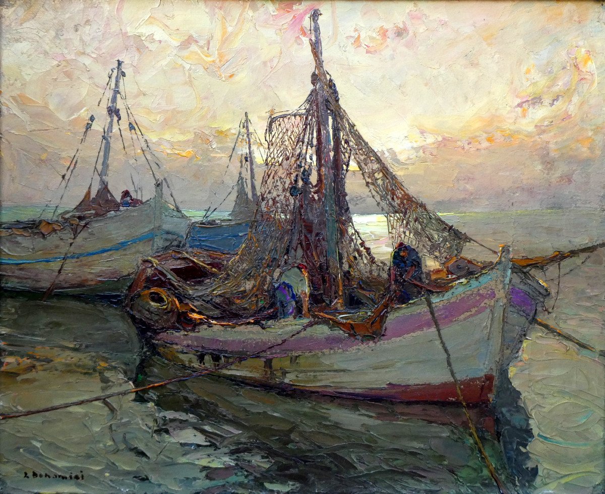 Louis Bonamici (1878-1966) Fishing Boats At Sunrise-photo-7