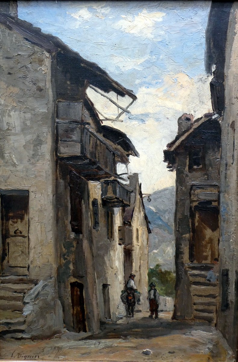 Fortuné Viguier (1841-1916) Rue De Village Animée