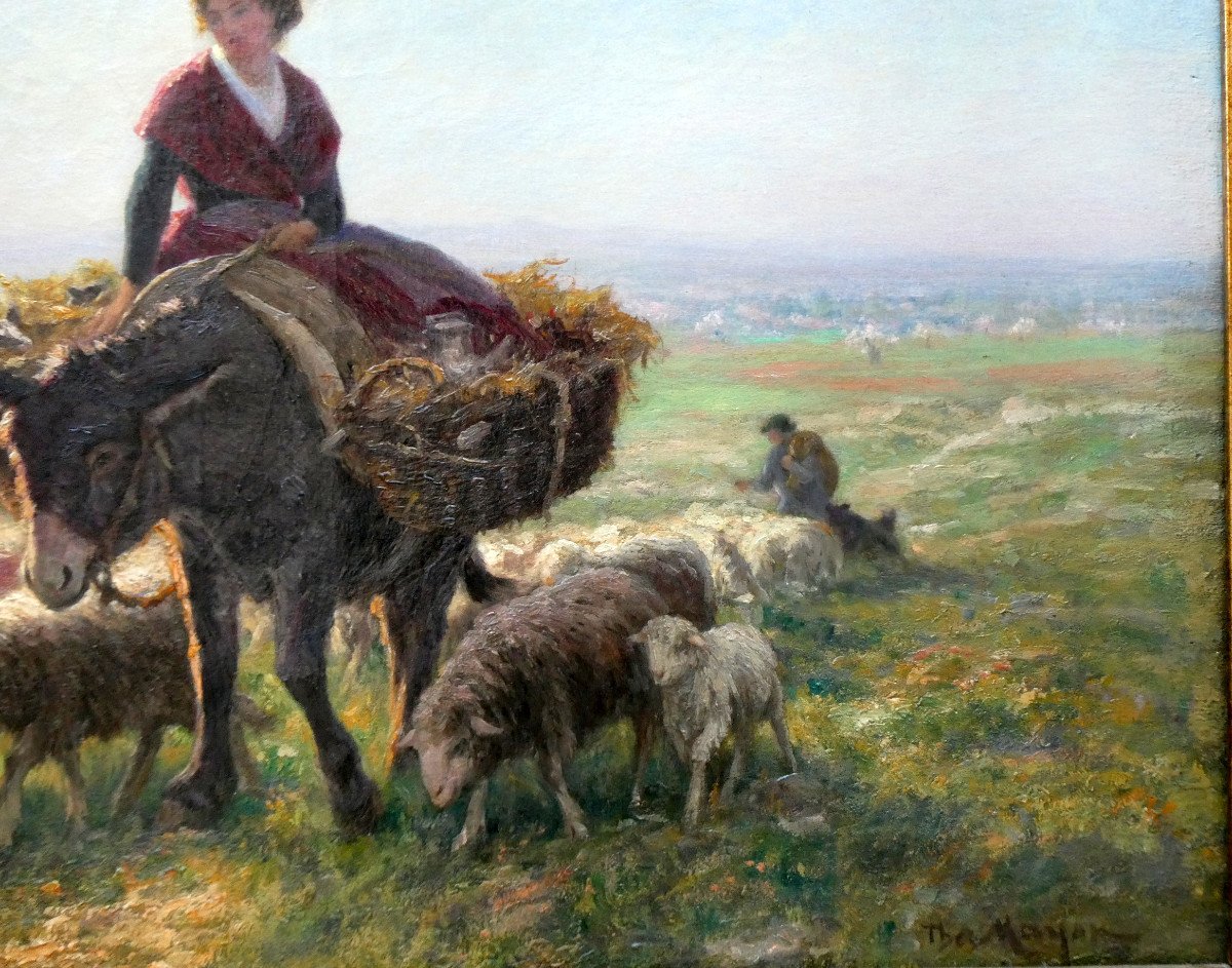 Théophile Mayan (1860-1936) Arlesienne And Her Donkey Guiding A Flock Of Sheep-photo-4