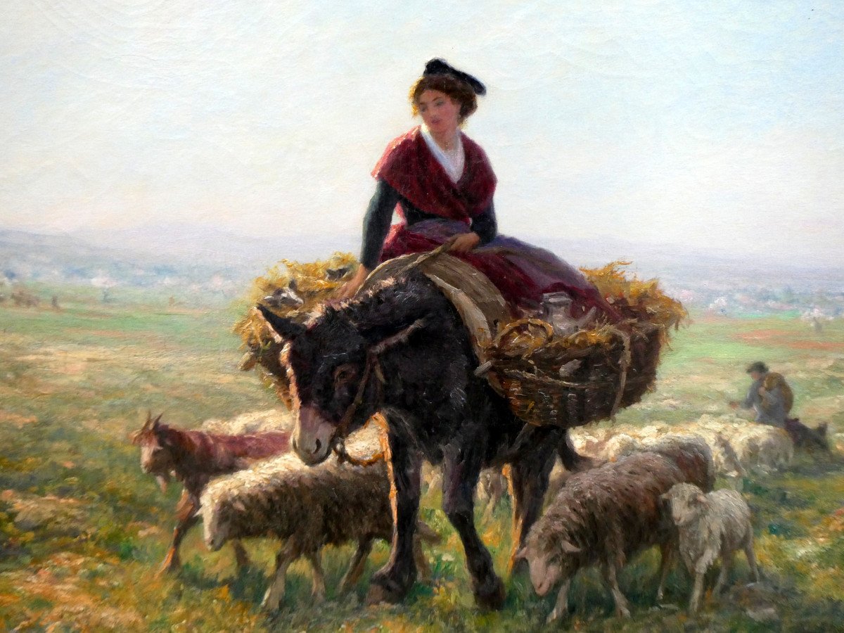 Théophile Mayan (1860-1936) Arlesienne And Her Donkey Guiding A Flock Of Sheep-photo-2