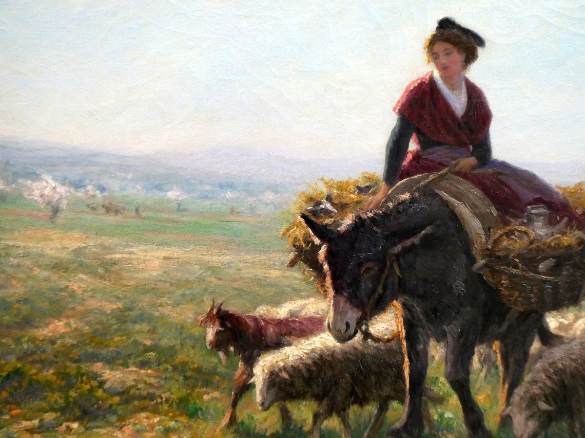 Théophile Mayan (1860-1936) Arlesienne And Her Donkey Guiding A Flock Of Sheep-photo-3