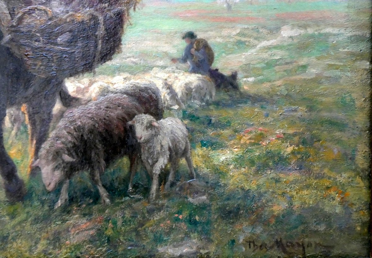 Théophile Mayan (1860-1936) Arlesienne And Her Donkey Guiding A Flock Of Sheep-photo-4