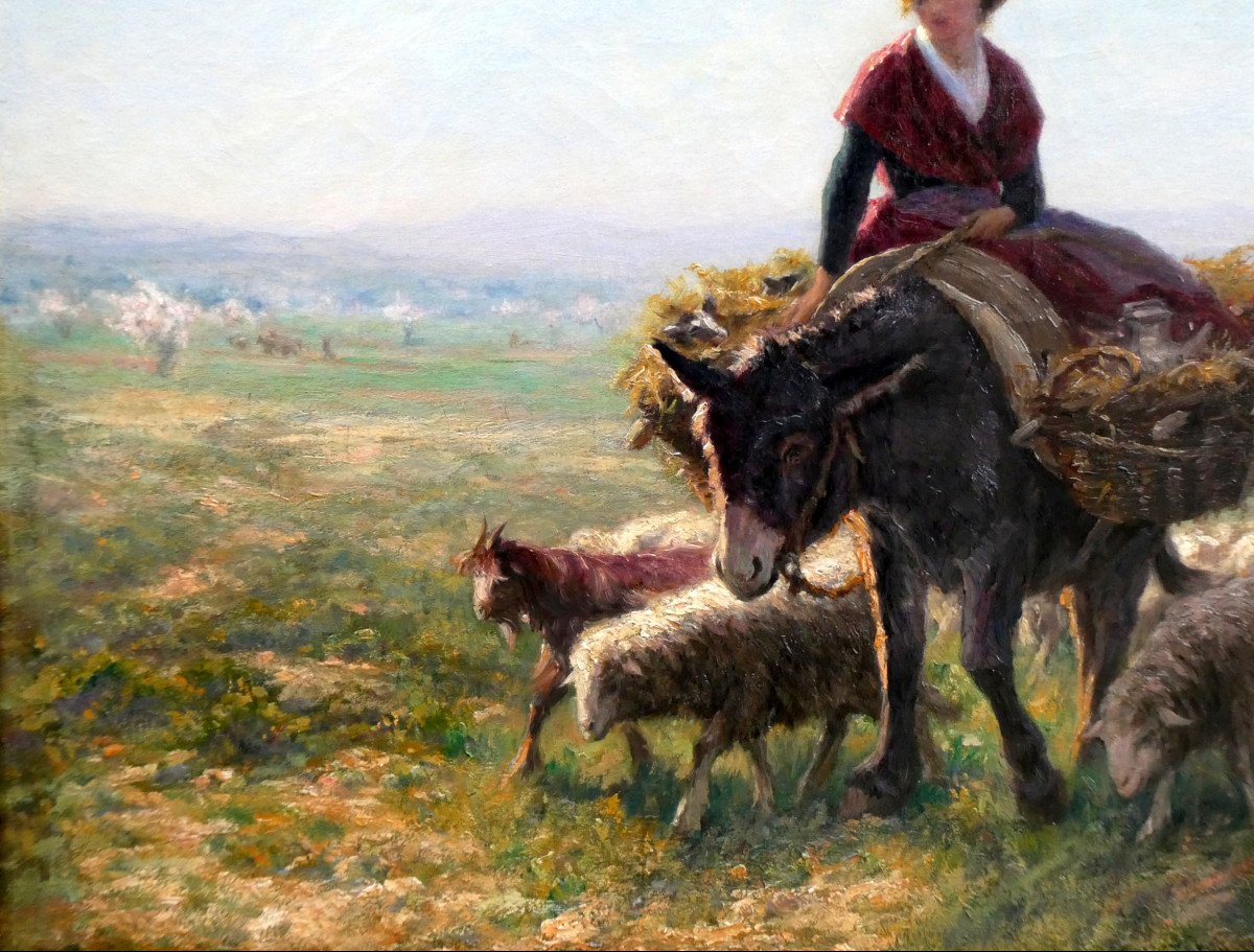 Théophile Mayan (1860-1936) Arlesienne And Her Donkey Guiding A Flock Of Sheep-photo-5