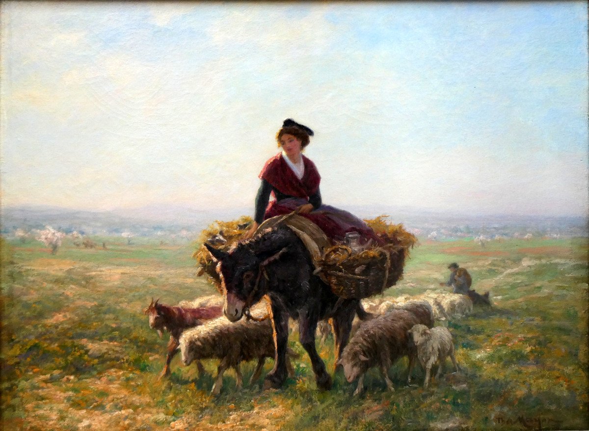 Théophile Mayan (1860-1936) Arlesienne And Her Donkey Guiding A Flock Of Sheep