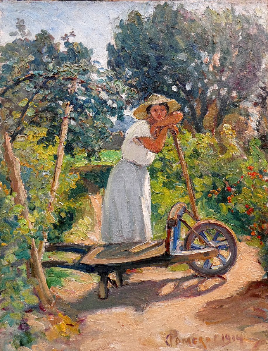 Georges Pomerat (1868-1948) Femme Au Chapeau De Paille Dans Un Verger.