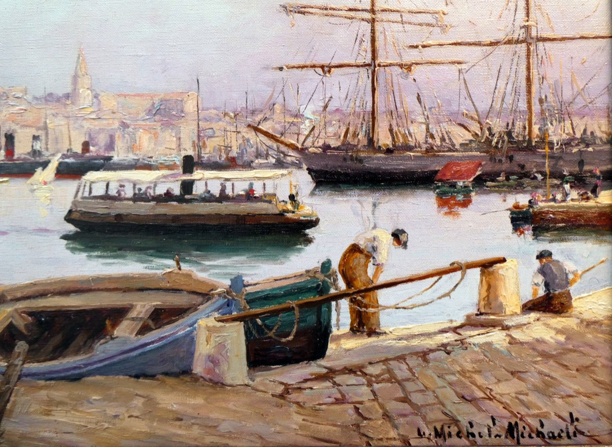 Luigi Michel Michaeli (19th-20th) The Ferry-boat In The Old Port Of Marseille-photo-3