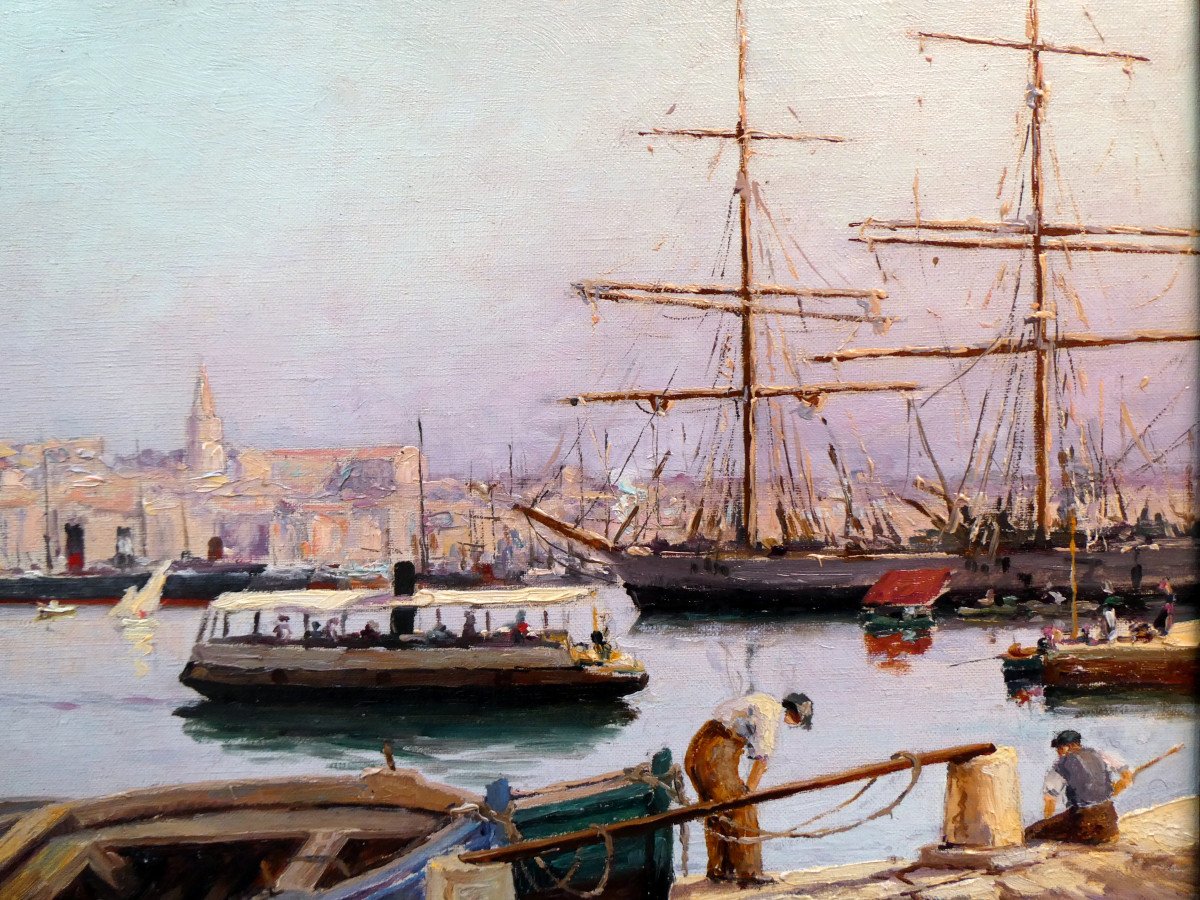 Luigi Michel Michaeli (19th-20th) The Ferry-boat In The Old Port Of Marseille-photo-4