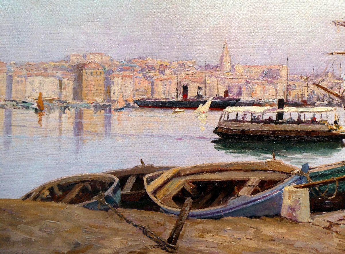 Luigi Michel Michaeli (19th-20th) The Ferry-boat In The Old Port Of Marseille-photo-1