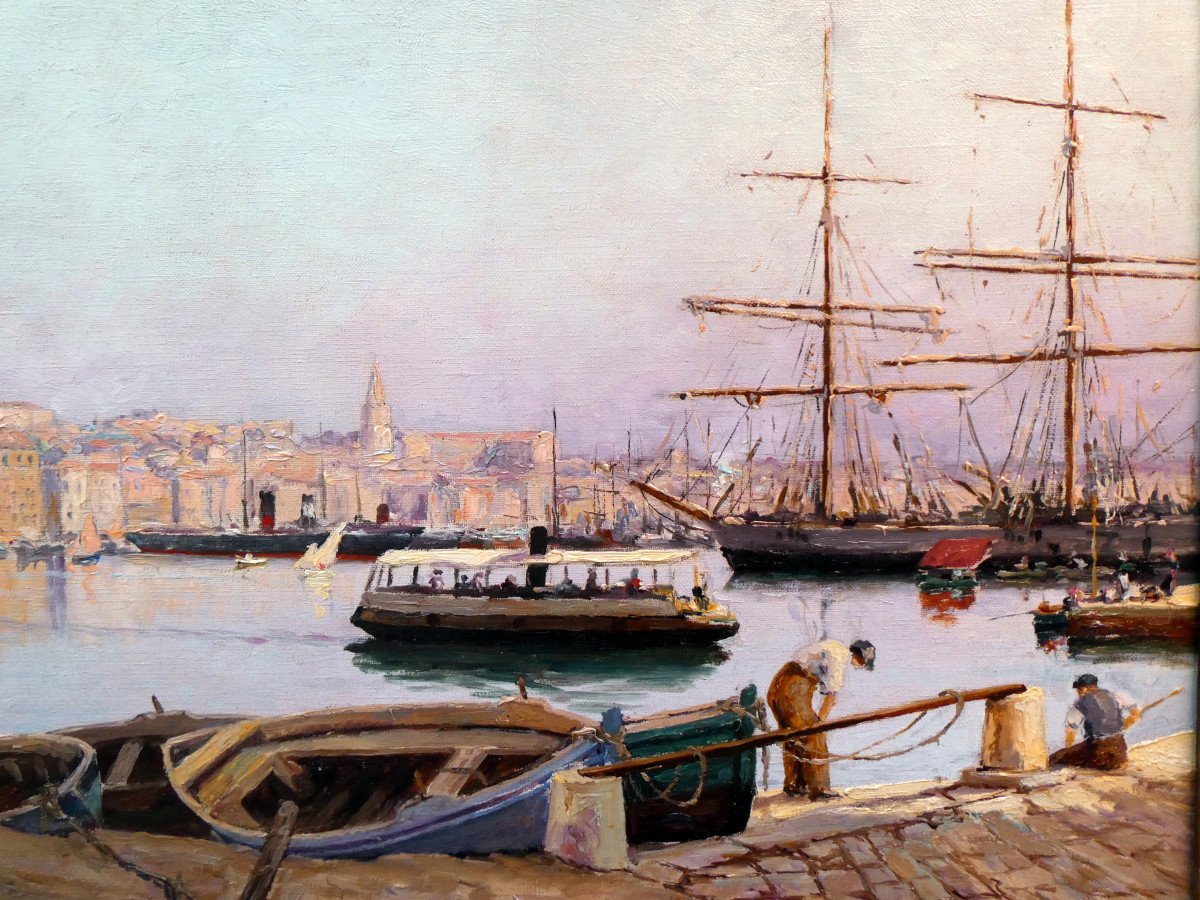 Luigi Michel Michaeli (19th-20th) The Ferry-boat In The Old Port Of Marseille-photo-2