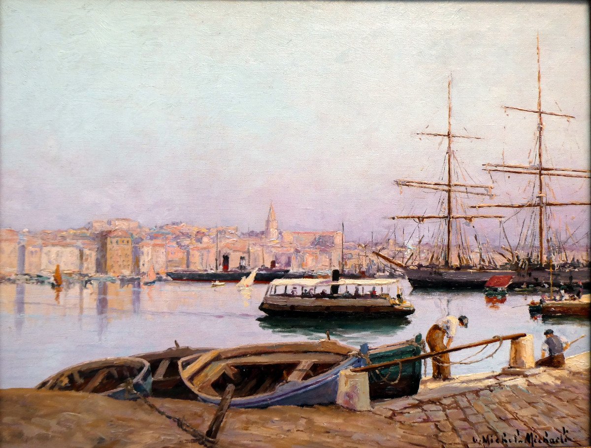 Luigi Michel Michaeli (19th-20th) The Ferry-boat In The Old Port Of Marseille-photo-6