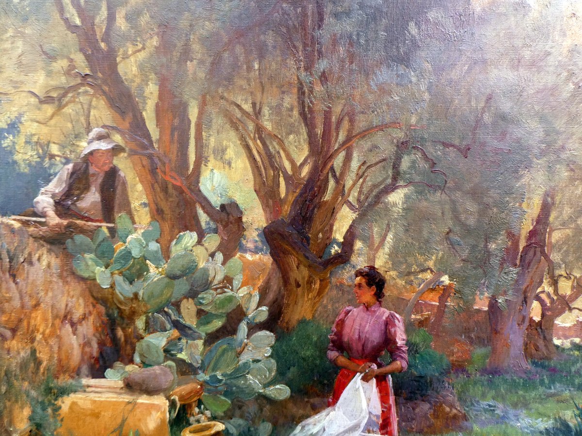 Emile Charles Dameron (1848-1908) Lavandière Et Paysan Dans Un Jardin De La Côte d'Azur-photo-3