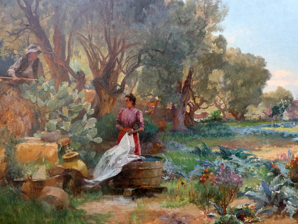 Emile Charles Dameron (1848-1908) Lavandière Et Paysan Dans Un Jardin De La Côte d'Azur-photo-2