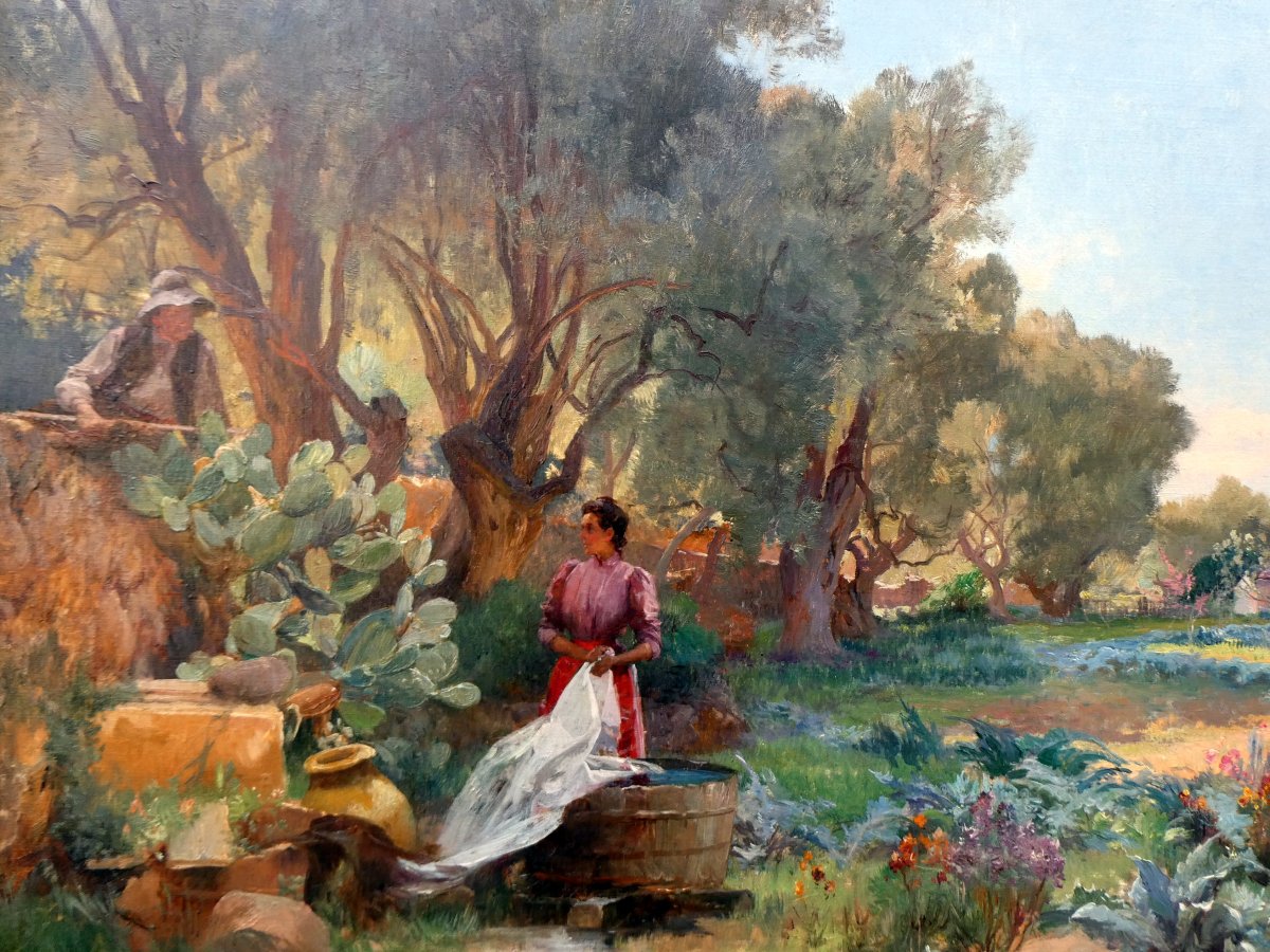 Emile Charles Dameron (1848-1908) Lavandière Et Paysan Dans Un Jardin De La Côte d'Azur-photo-4