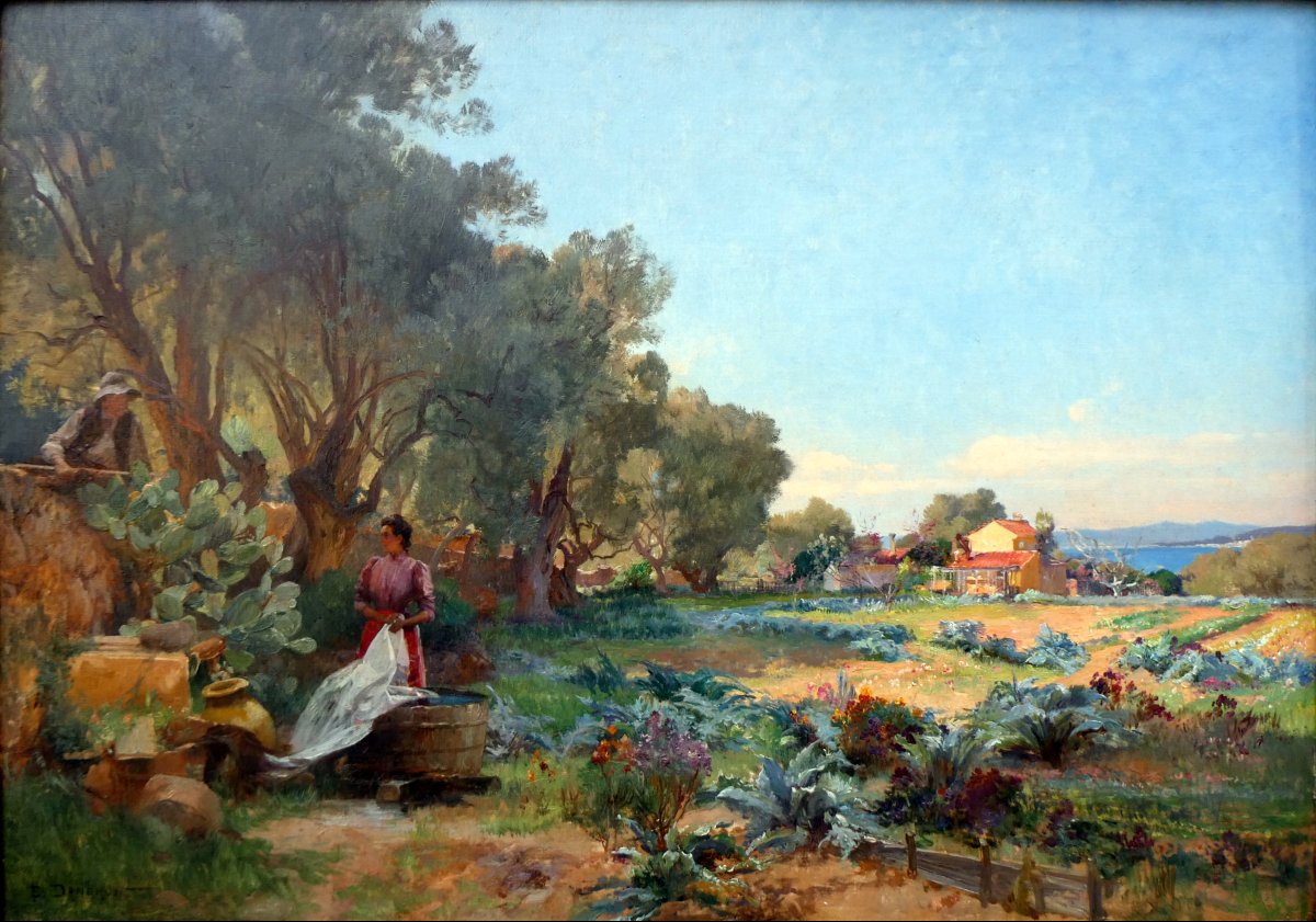 Emile Charles Dameron (1848-1908) Washerwoman And Peasant In A Garden On The French Riviera-photo-6