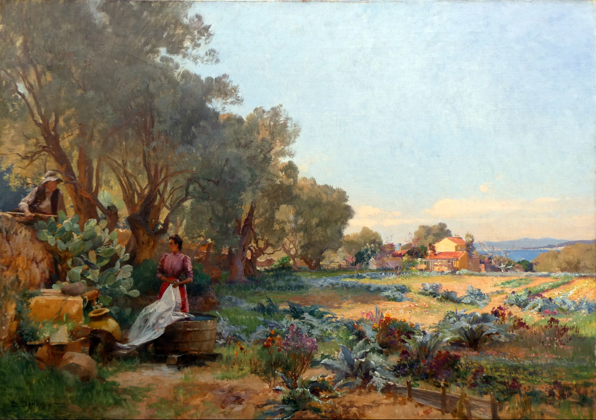 Emile Charles Dameron (1848-1908) Lavandière Et Paysan Dans Un Jardin De La Côte d'Azur