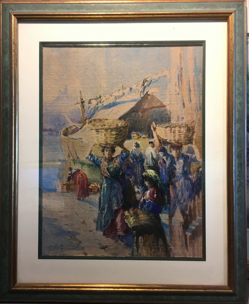 Gilbert Galland (1870-1950) Femmes Sur Le Quai à Marseille - Aquarelle-photo-2