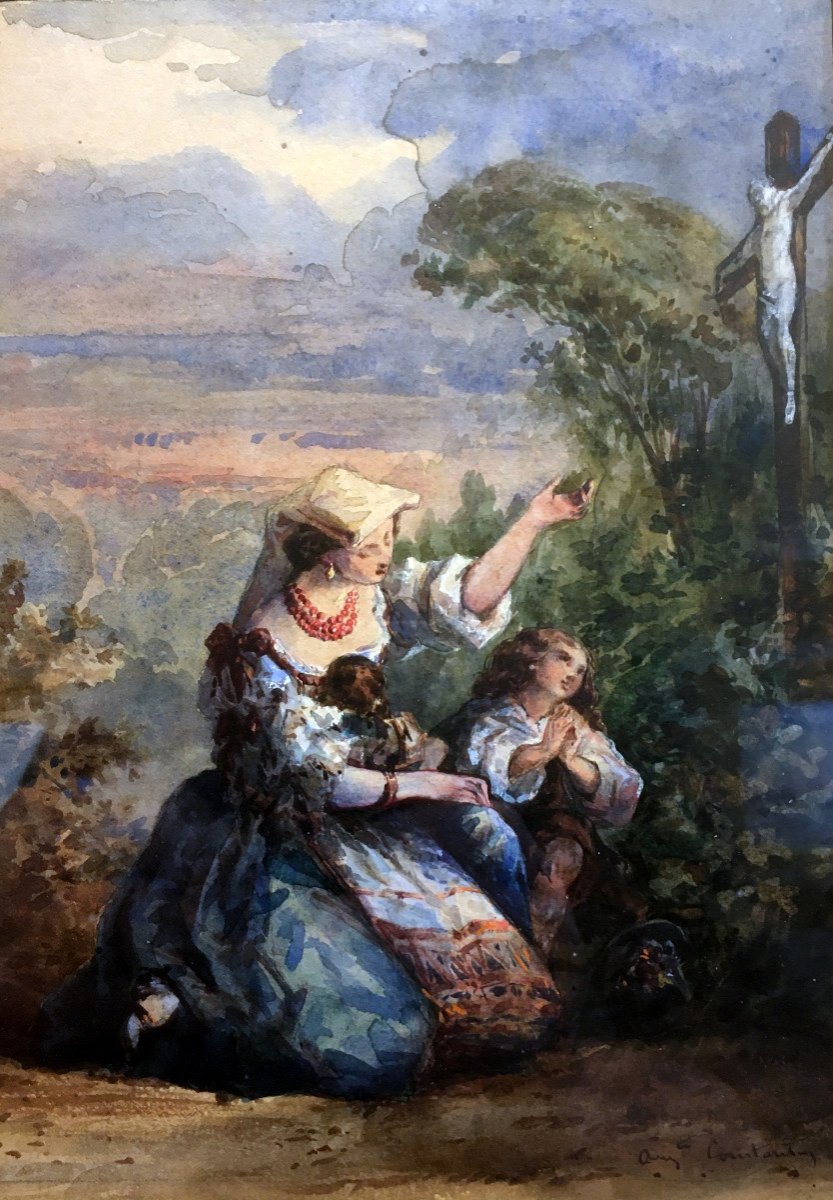 Auguste Aristide Constantin (1824-1895) Femme Et Ses Enfants Priant - Aquarelle