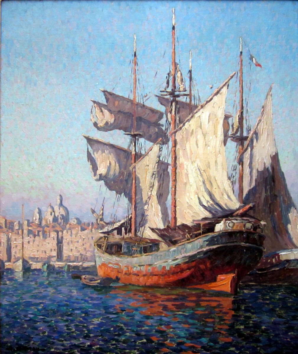 Adrien Hamon (1875-1963) Ships In The Old Port Of Marseille