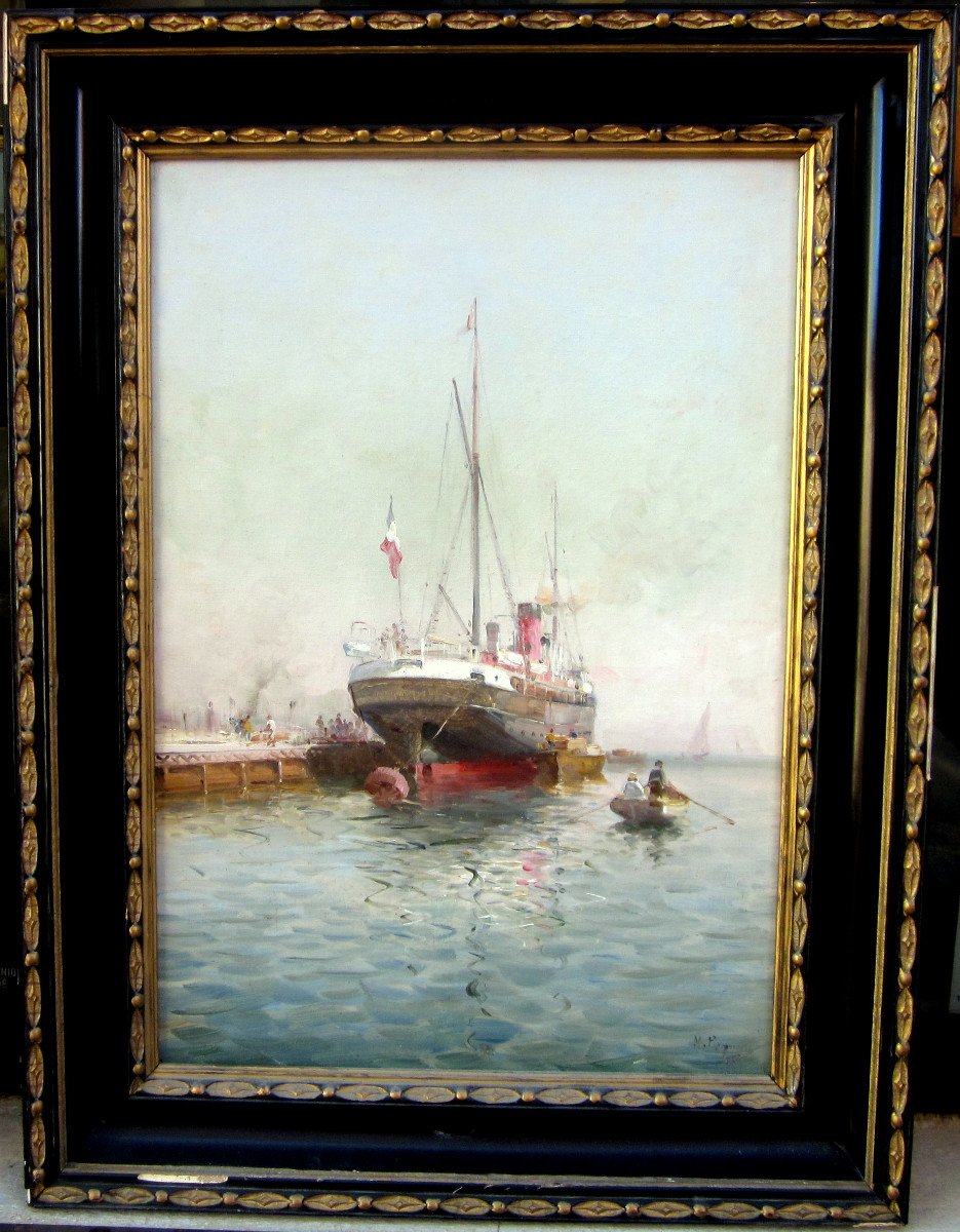 Marius Reynaud (1860-1935) Cargo Ship At The Quay-photo-2