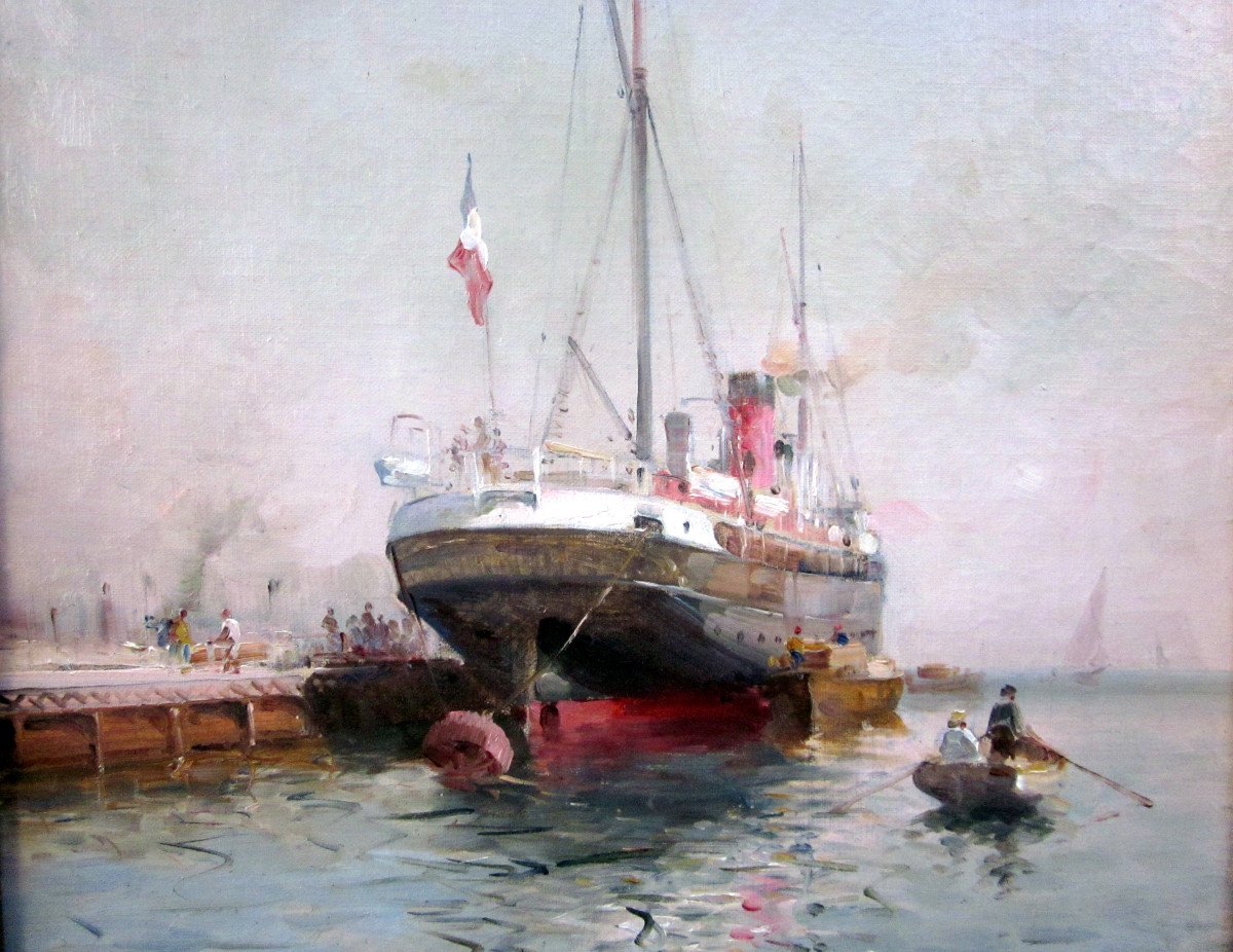 Marius Reynaud (1860-1935) Cargo Ship At The Quay-photo-4