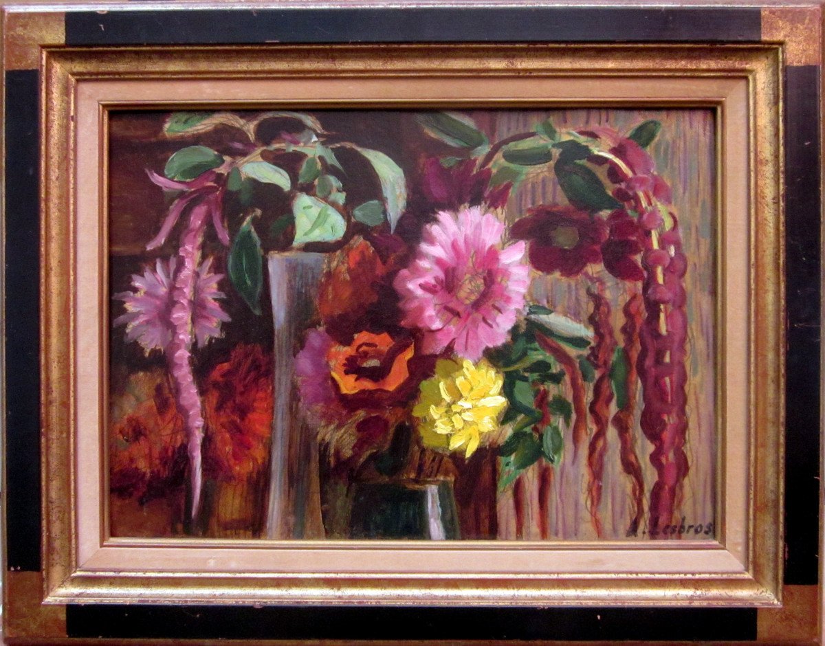 Alfred Lesbros (1873-1940) Bouquet De Fleurs - Amarantes-photo-3