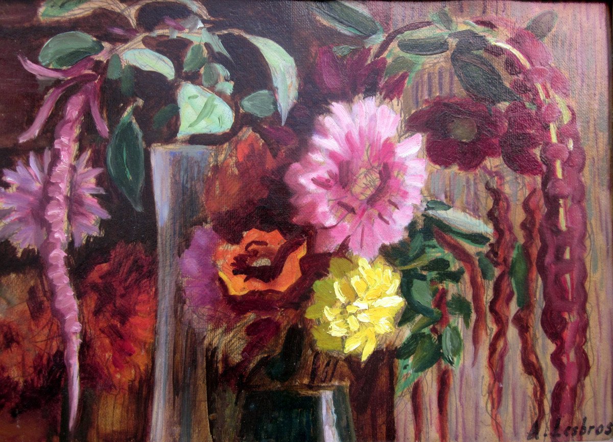 Alfred Lesbros (1873-1940) Bouquet De Fleurs - Amarantes-photo-4