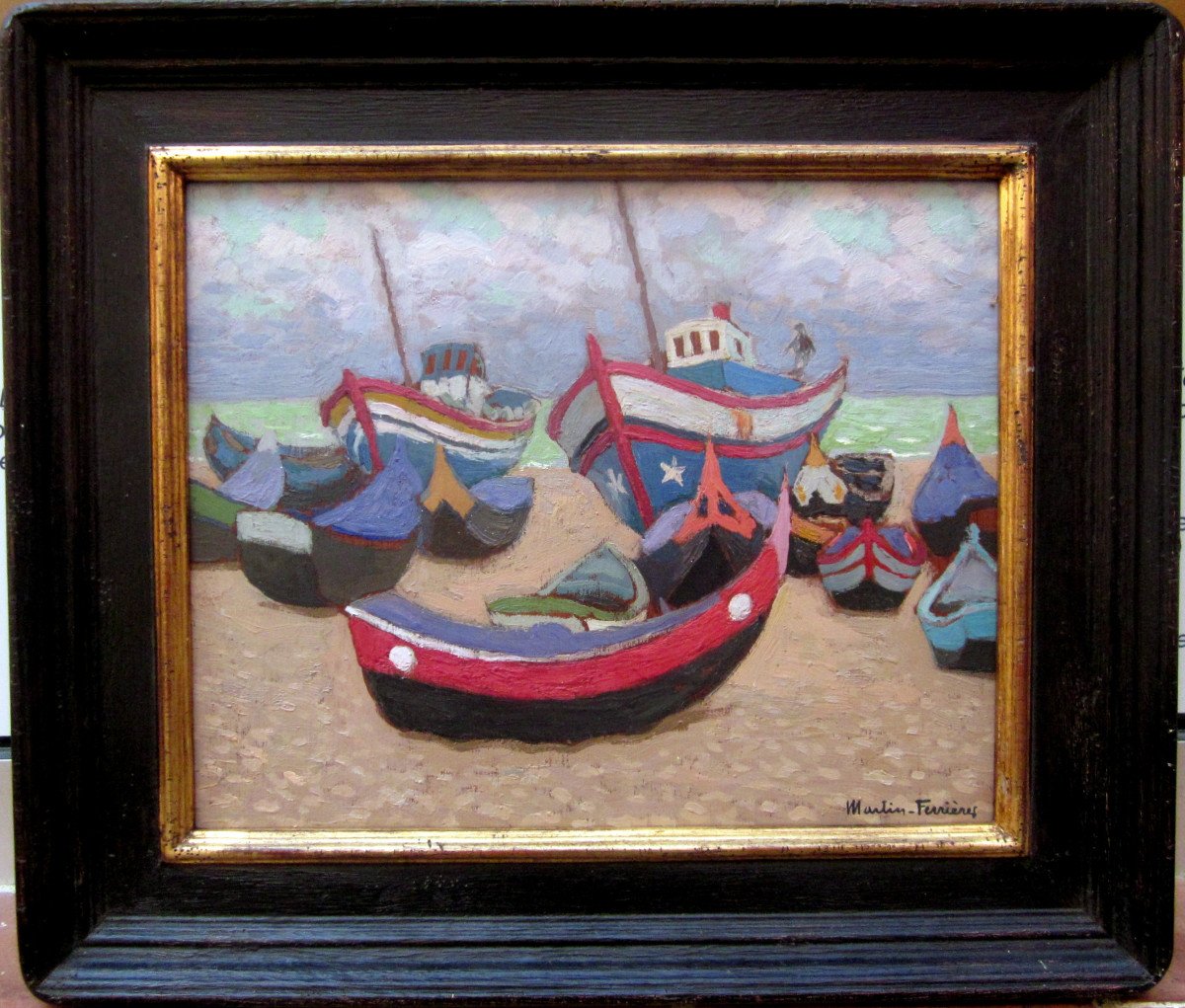 Jacques Martin Ferrières (1893-1972) Boats At Low Tide In Nazaré - Portugal-photo-2