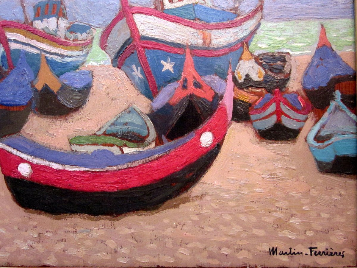 Jacques Martin Ferrières (1893-1972) Boats At Low Tide In Nazaré - Portugal-photo-1
