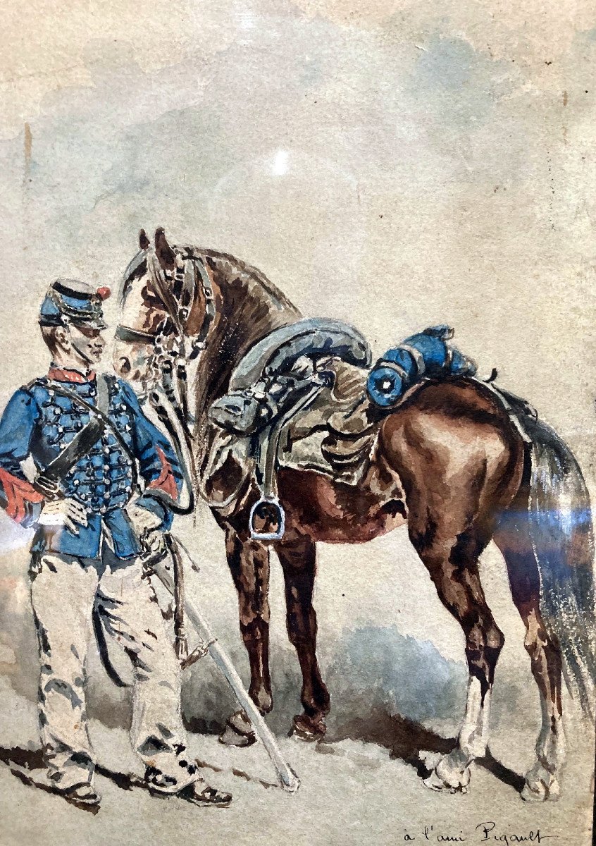 Roussel (19th) The Hussar Soldier - Watercolor-photo-2