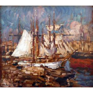 Horace Richebé (1871-1958) Navires Dans Le Vieux Port De Marseille En 1915