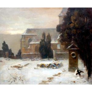 Germain Bonneton (1874-1915) Snow Landscape Around A Church