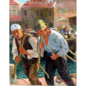 Georges Pomerat (1870-1948) Halage d'Un Navire Dans Le Canal Saint Jean à Marseille