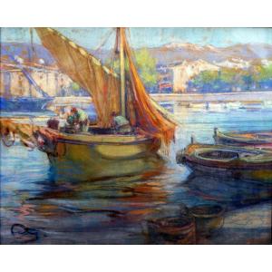 Fortuney Louis Ernest Andrieux Dit (1875-1950) Fishermen In Their Boat In The Port Of Cassis