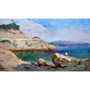 Sauveur Bernay-théric (1874-1963) Pêcheur à La Ligne Sur Les Rochers De La Corniche à Marseille