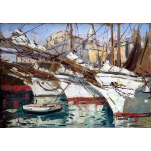 Jean Lair De La Haye (1889-?) Goélettes à Quai Dans Le Vieux Port De Marseille