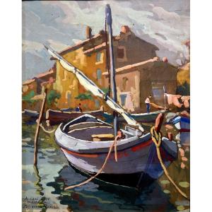 Jos Henri Ponchin (1897-1962) Barques De Pêche à Martigues - Gouache