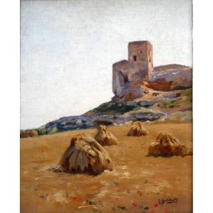 Joseph Garibaldi (1863-1941) Straw Stacks Under The Chateau De l'Hauture In Fos Sur Mer