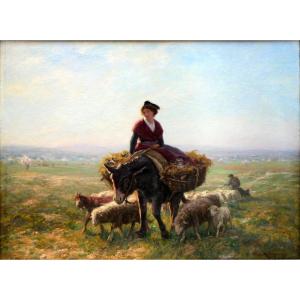 Théophile Mayan (1860-1936) Arlésienne Et Son âne Guidant Un Troupeau De Moutons