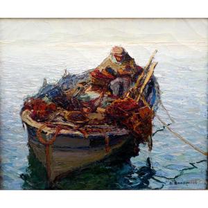 Louis Bonamici (1878-1966) Le Pêcheur Dans Sa Barque