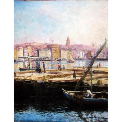 Eugène Antoine Prieur Bardin (1860-1905) Le Vieux Port de Marseille et l'Eglise des Accoules