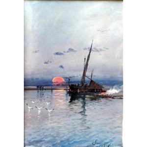 Henri Malfroy Savigny (1895-1944) Barque de pêche Au Couchant - Etang de Berre