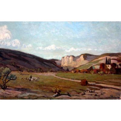 Joseph Hurard (1887-1956) Shepherd And His Flock In The Valley Of Baux De Provence