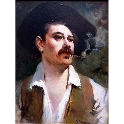 François Maury (1861-1933) Portrait Of A Man In A Hat Smoking A Pipe