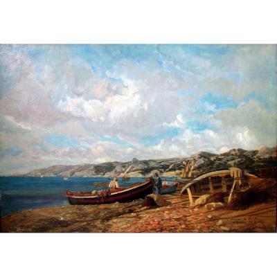 Eugène François Mayan (19th-20th) Fishermen On The Beach Of l'Estaque