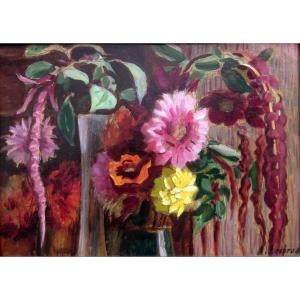 Alfred Lesbros (1873-1940) Bouquet Of Flowers - Amaranths