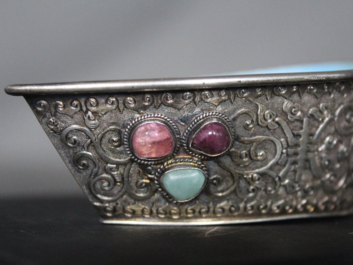 Small Chinese Silver, Jade And Semi-precious Stone Cup - China, Republic Period-photo-3