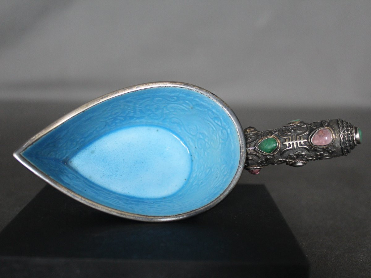 Small Chinese Silver, Jade And Semi-precious Stone Cup - China, Republic Period-photo-4