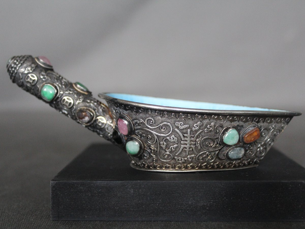 Small Chinese Silver, Jade And Semi-precious Stone Cup - China, Republic Period-photo-7