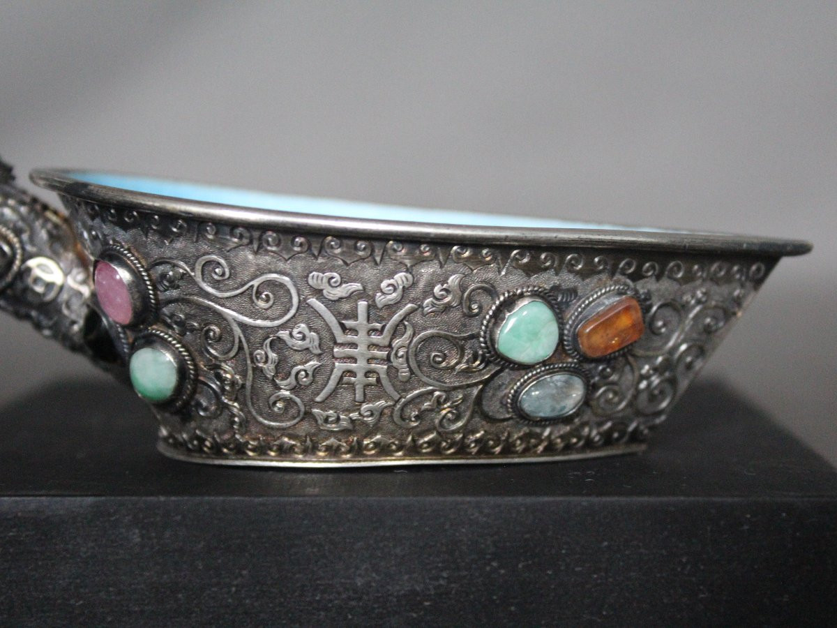 Small Chinese Silver, Jade And Semi-precious Stone Cup - China, Republic Period-photo-8