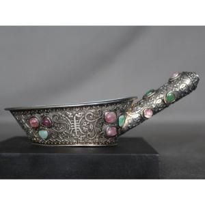 Small Chinese Silver, Jade And Semi-precious Stone Cup - China, Republic Period